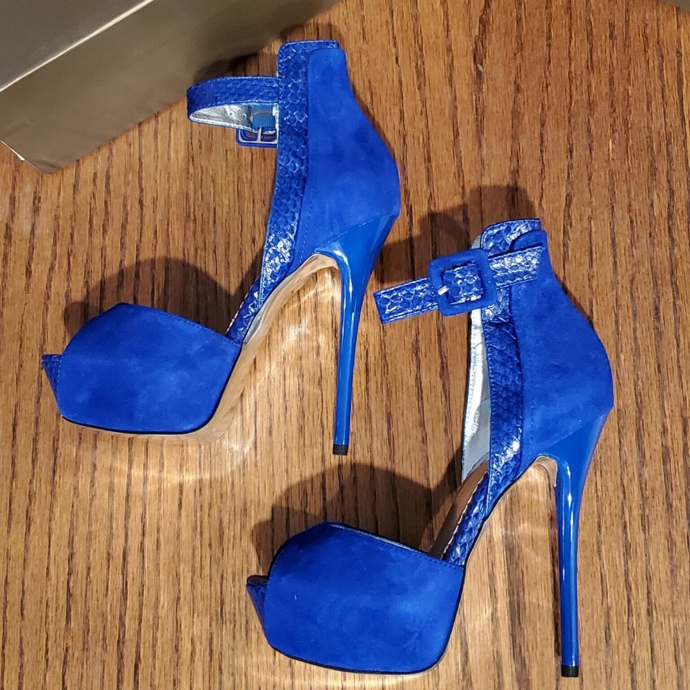 bebe Lucie peep toe high heels blue suede NIB!